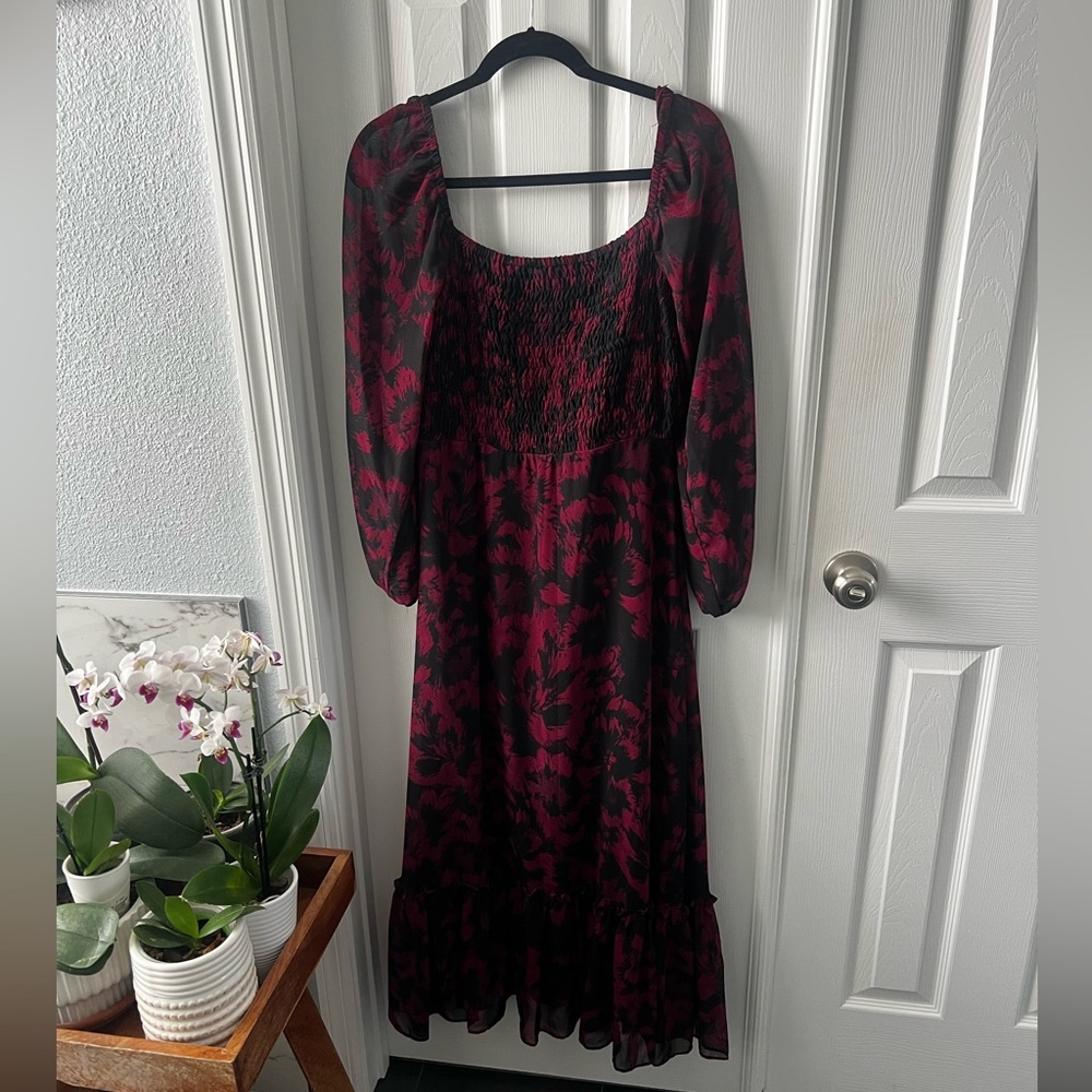 Taylor Long Sleeved Smocked Dress, Black and Burgundy, Size 6